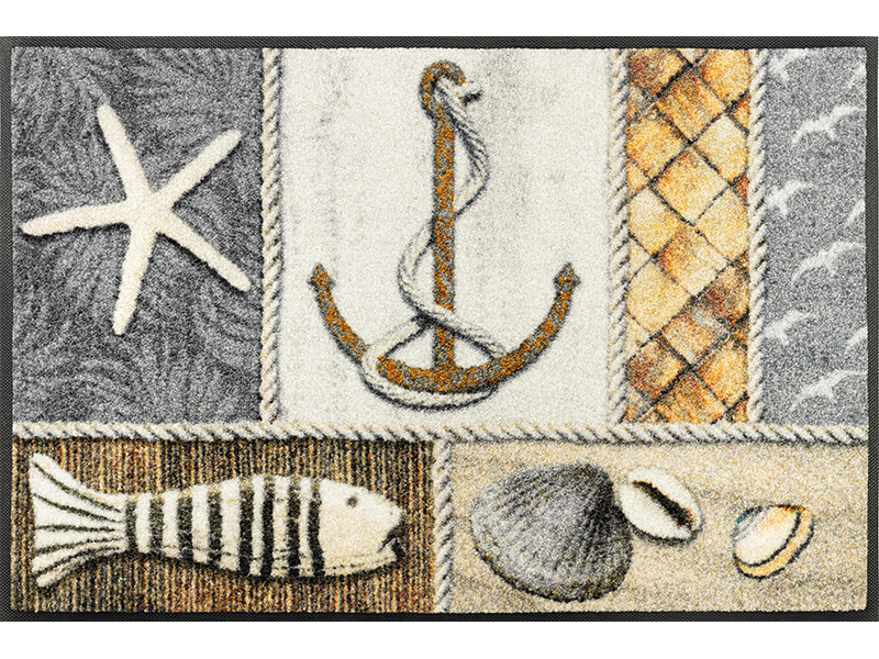 Fußmatte mit Anker, Fisch, Muscheln und Strandmotiven