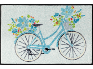 hellblaue Fußmatte mit Fahrrad und Blumen