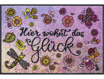 Lade das Bild in den Galerie-Viewer, Fußmatte mit Schriftzug &quot;Hier wohnt das Glück&quot; und gemalten Blumen-Tiermotiven
