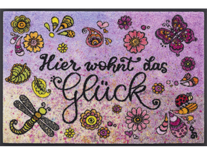 Fußmatte mit Schriftzug "Hier wohnt das Glück" und gemalten Blumen-Tiermotiven