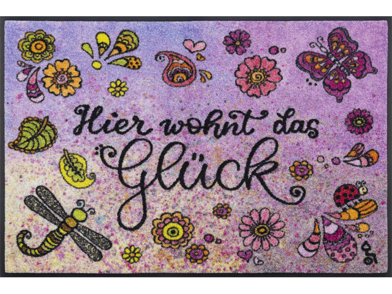 Fußmatte mit Schriftzug "Hier wohnt das Glück" und gemalten Blumen-Tiermotiven