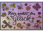 Lade das Bild in den Galerie-Viewer, Fußmatte mit Schriftzug &quot;Hier wohnt das Glück&quot; und gemalten Blumen-Tiermotiven
