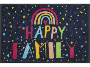 dunkelblaue Fußmatte mit buntem Schriftzug "Happy Family" und Regenbogen