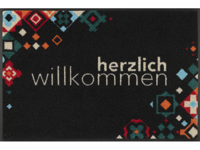 Fußmatte mit Mosaik und Schriftzug "herzlich Willkommen" in schwarz