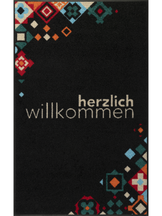 Fußmatte mit Mosaik und Schriftzug "herzlich Willkommen" in schwarz