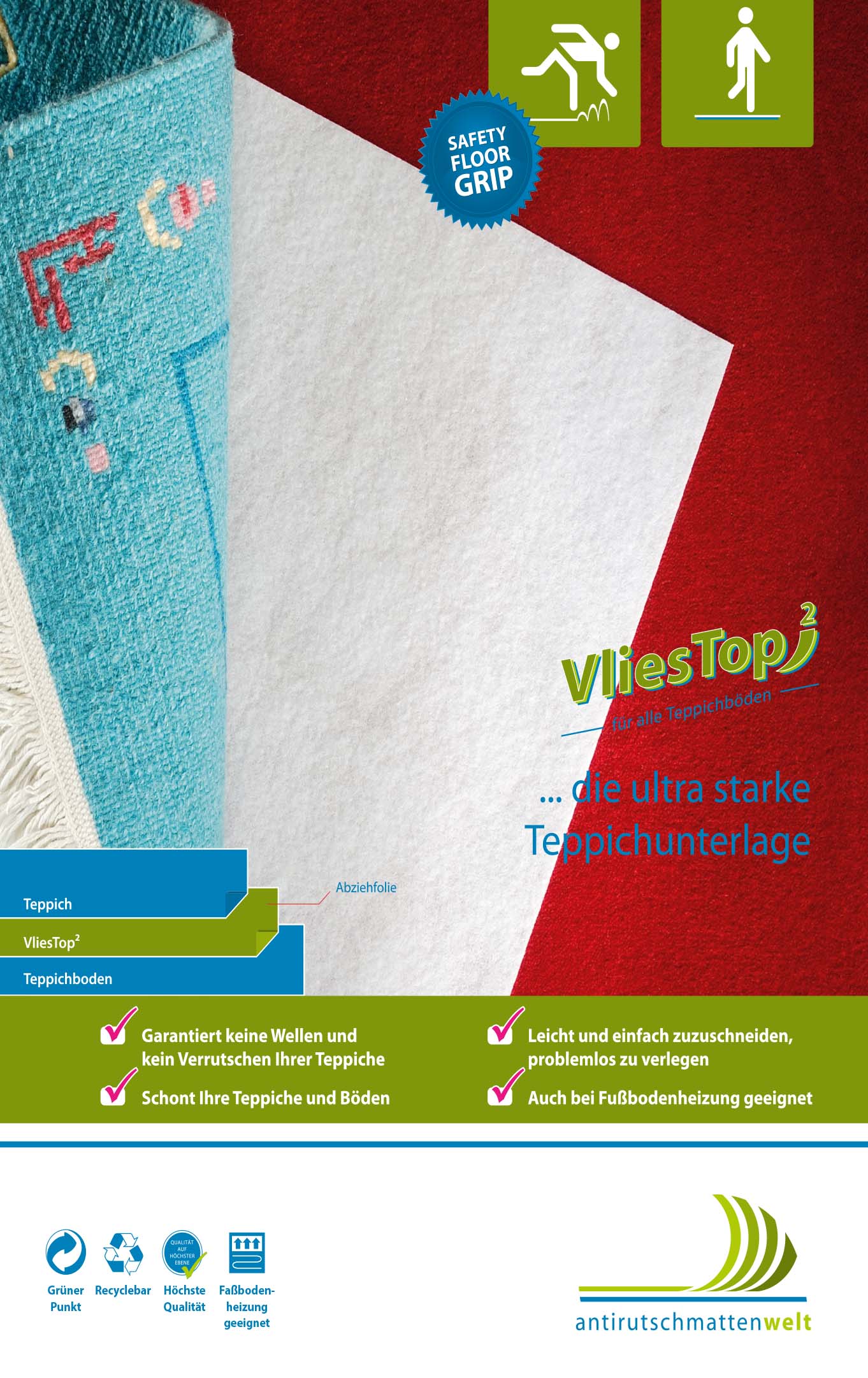 Teppichunterlage Vlies Top für Teppichboden 180 cm